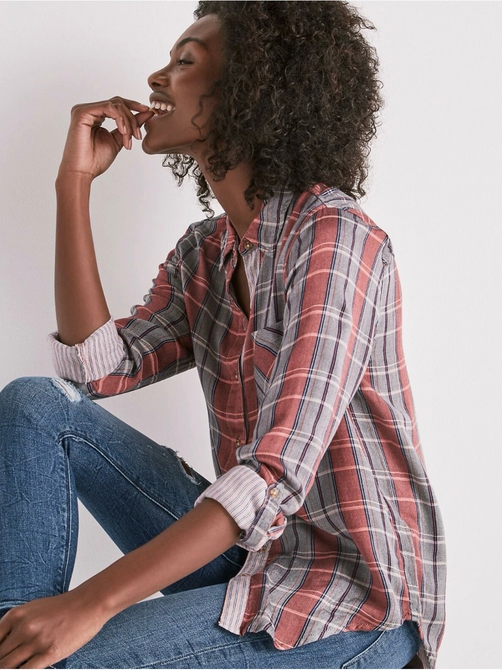 Lucky Brand Plaid Button-Up Shirt in Red and Gray